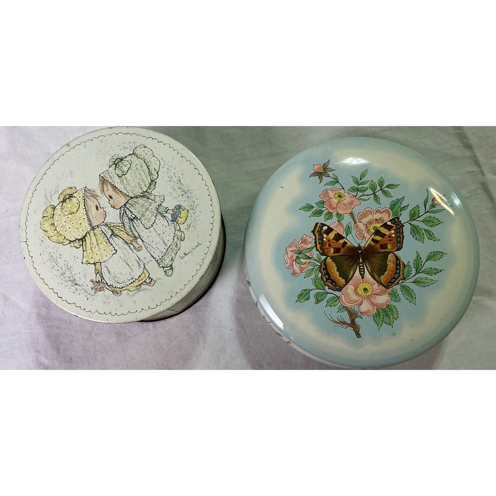 Vintage Hallmark Holly Hobbie & Dahr Butterfly Round Tin Box Lot of 2